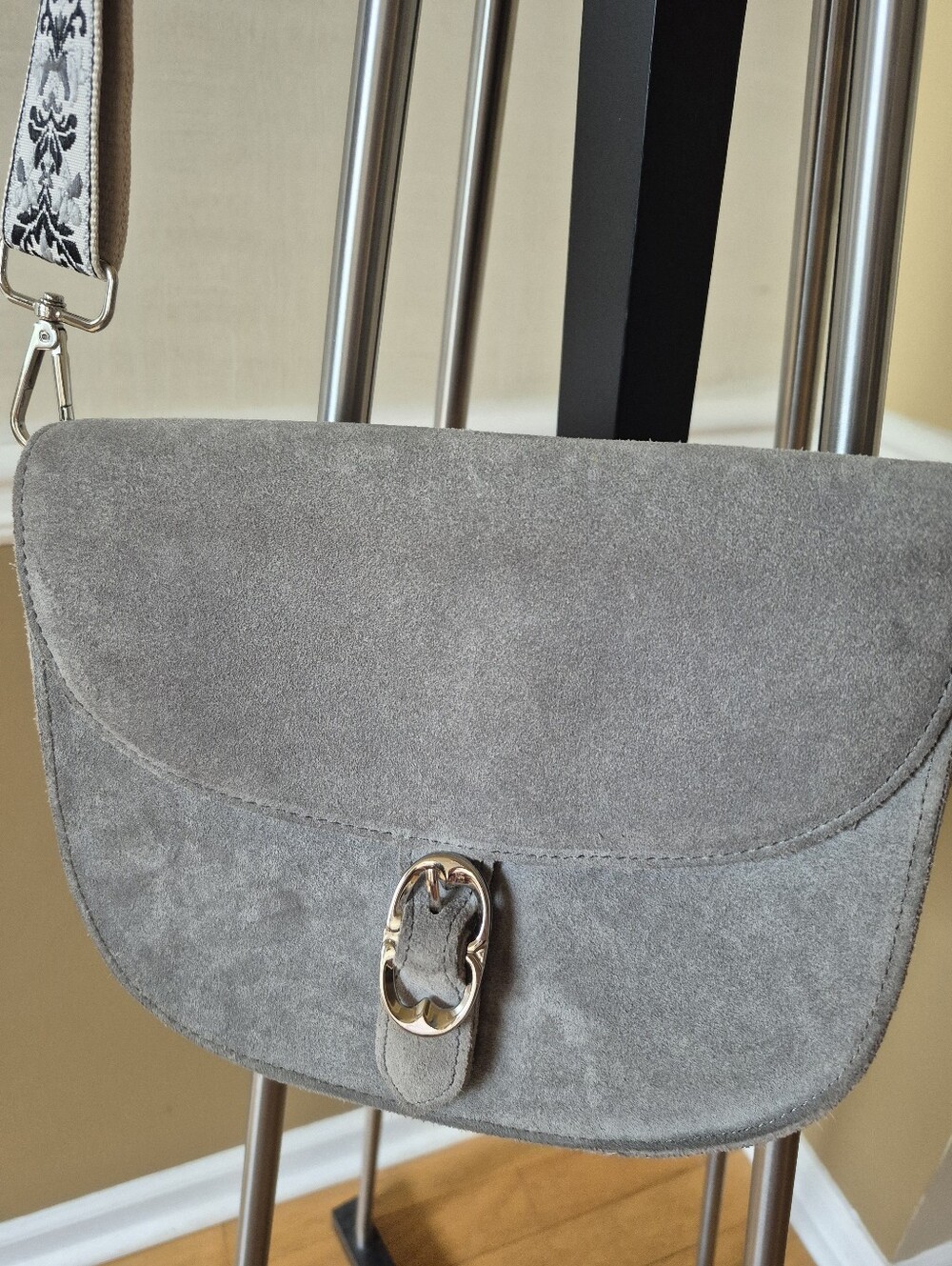 Emma Fox Gray Suede Crossbody Bag Floral Strap Silver Hardware With 2 Straps